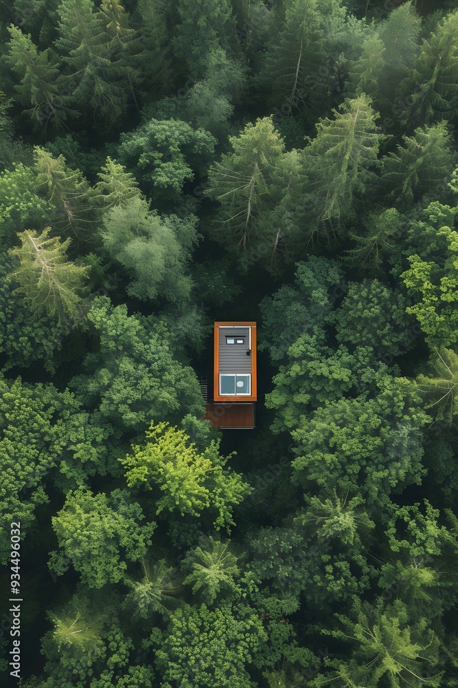 Aufkleber aerial scene of a tiny house with a minimalist design located in a dense forest ai generated illustr