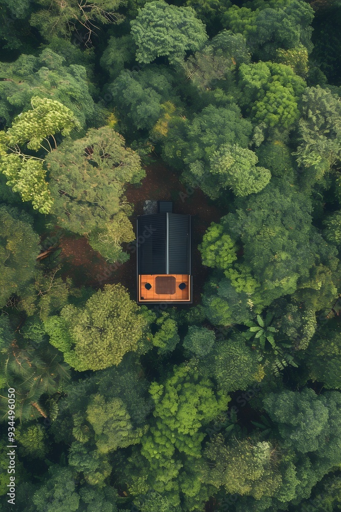 Aufkleber aerial scene of a tiny house with a minimalist design located in a dense forest ai generated illustr