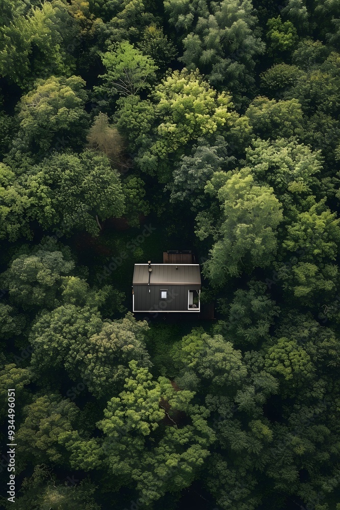 Poster aerial scene of a tiny house with a minimalist design located in a dense forest ai generated illustr