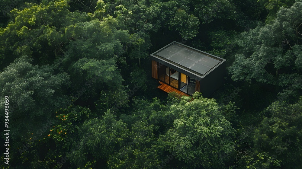 Aufkleber aerial scene of a tiny house with a minimalist design located in a dense forest ai generated illustr