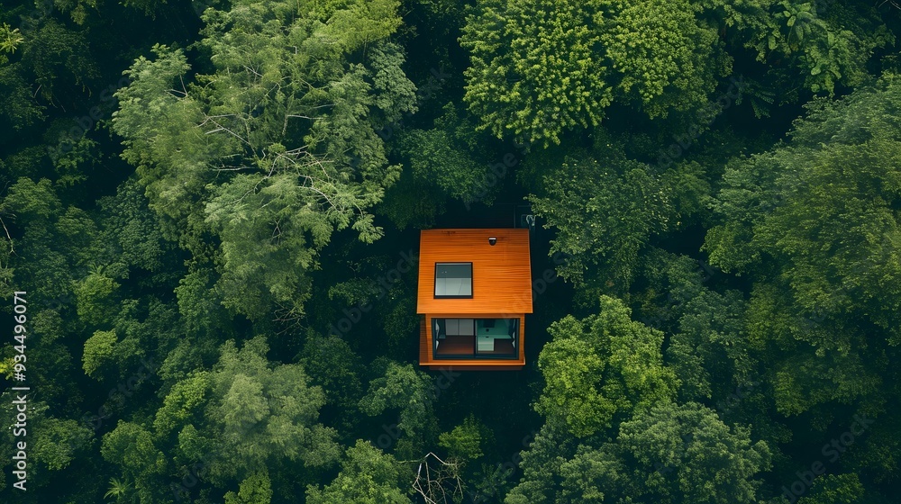Poster aerial scene of a tiny house with a minimalist design located in a dense forest ai generated illustr