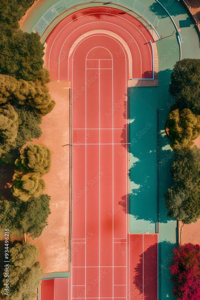 Poster aerial view of a running track and field in minimalistic style ai generated illustration