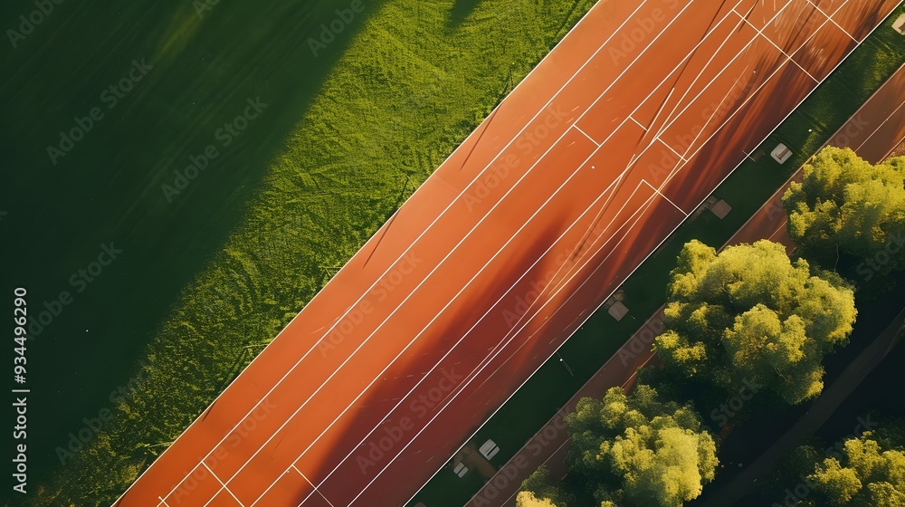 Poster aerial view of a running track and field in minimalistic style ai generated illustration