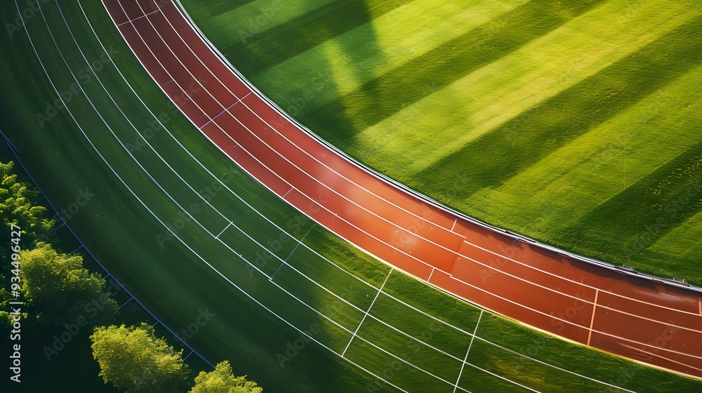 Poster aerial view of a running track and field in minimalistic style ai generated illustration