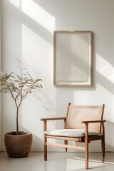 Aesthetically pleasing room space with a wooden frame showcasing a minimalistic cinematic poster  AI generated illustration