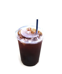 cup of iced coffee with straw on white