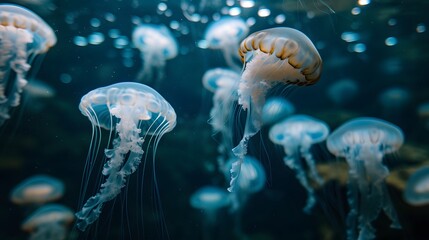 Obraz premium An abstract view of floating jellyfish in deep water lit from below AI generated illustration