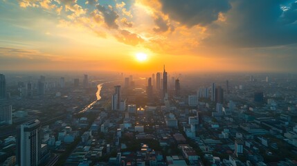 Naklejka premium An aerial view of a lonely square floor with a sprawling city skyline in the distance AI generated illustration