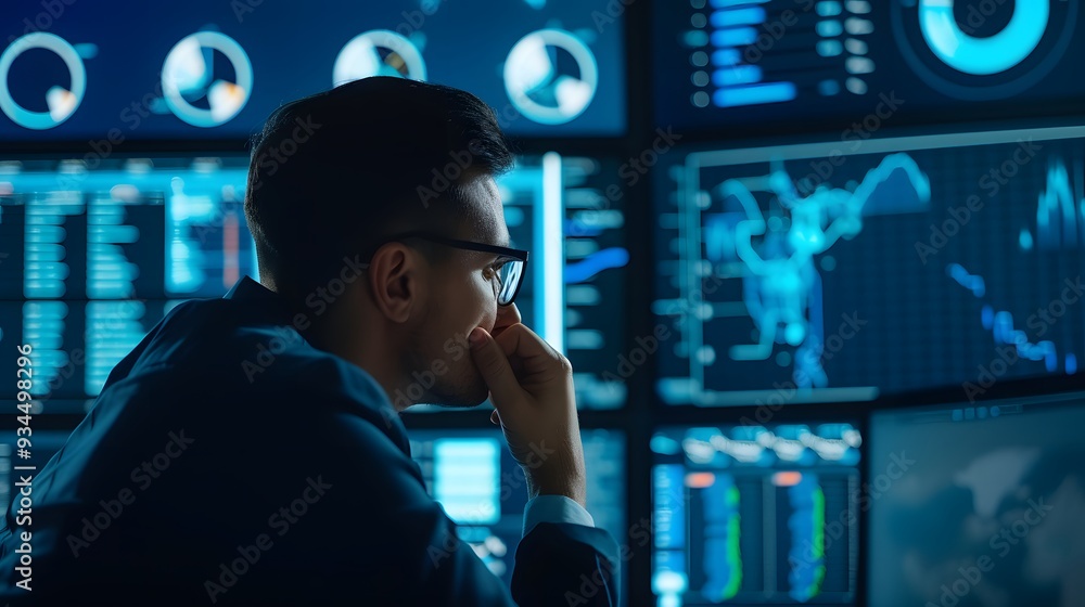Poster an analyst deep in contemplation surrounded by screens filled with data management tools and metrics