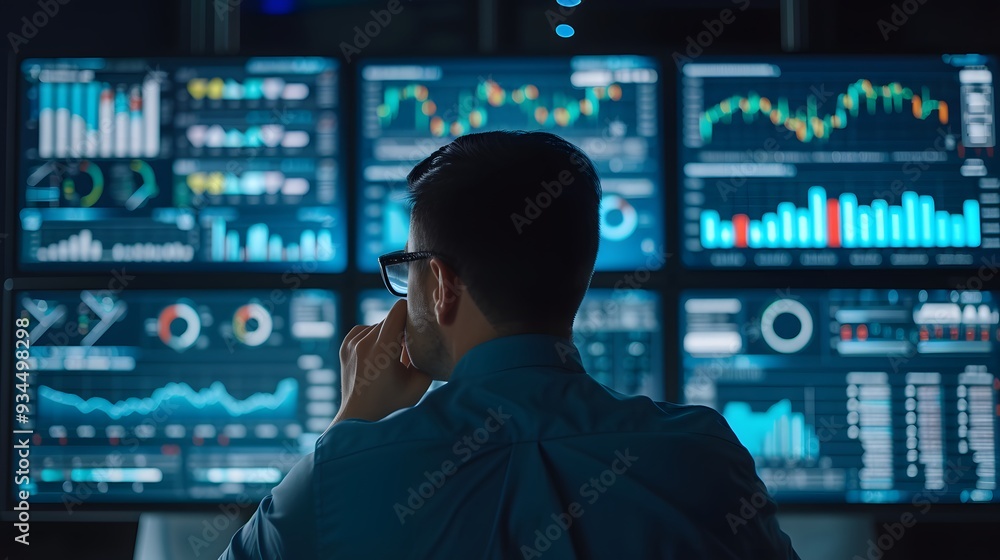 Poster an analyst deep in contemplation surrounded by screens filled with data management tools and metrics