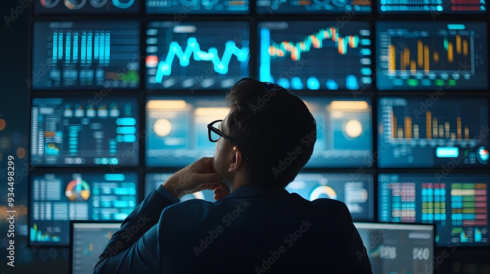Poster an analyst deep in contemplation surrounded by screens filled with data management tools and metrics