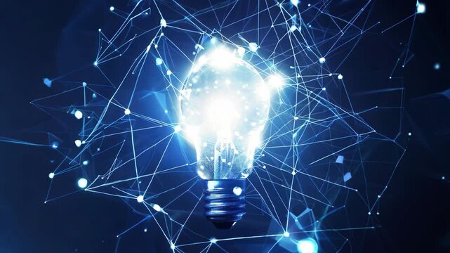 A glowing light bulb surrounded by interconnected lines and dots, symbolizing innovation, technology, and ideas.