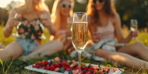 Young companions celebrating with champagne during a picnic in a green space.