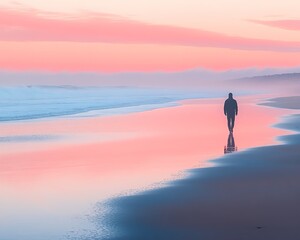 Silhouette of a person walking along a serene beach during sunset with pastel colors reflected in the water and sky.