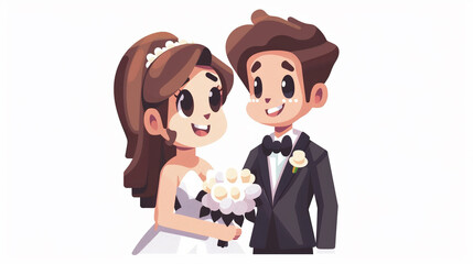 pixel cartoon groom and bride with big eyes on an isolated white background,