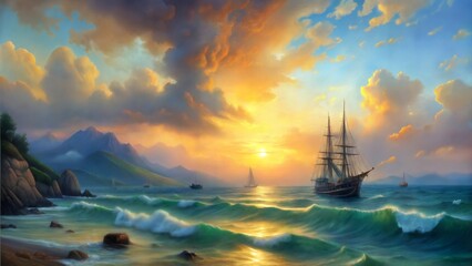 Obraz premium Sunset Sailboat on the Horizon with Orange Sky and Clouds Over the Sea