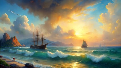 Obraz premium Sunset Sailboat on the Horizon with Orange Sky and Clouds Over the Sea