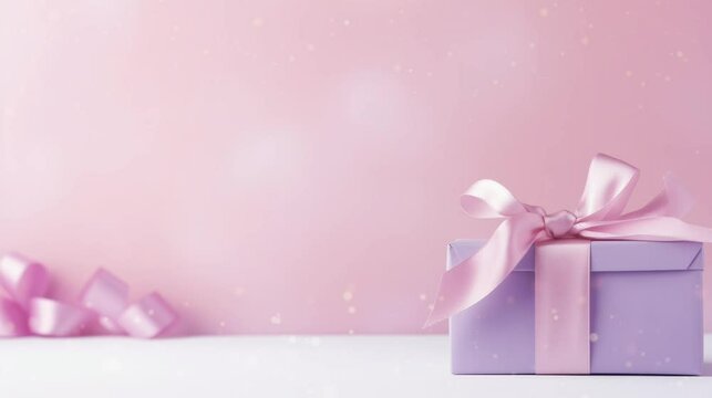 A charming gift box adorned with a pink ribbon rests against a soft pink backdrop, creating a delightful setting perfect for celebrations and special moments, copy space
