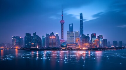 Obraz premium A stunning night view of Shanghai skyline showcases its modern architecture. The vibrant colors reflect on water creating a dynamic atmosphere. Perfect for travel or urban themes. AI