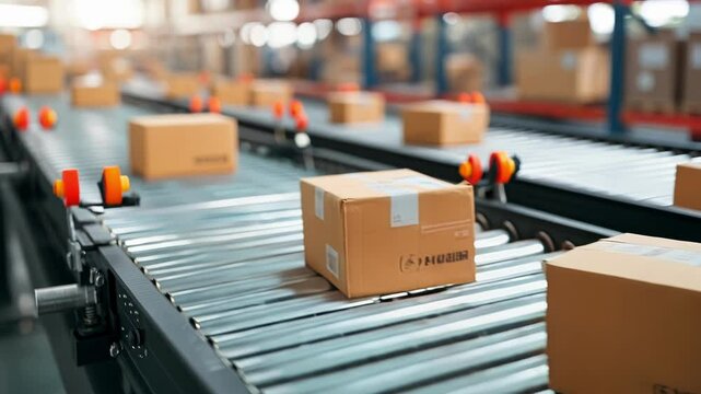 Cardboard boxes moving on a conveyor belt in a distribution warehouse, representing innovative production and efficient logistics