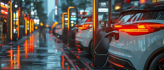 Futuristic city scene featuring electric vehicles charging at illuminated stations on a rainy night.