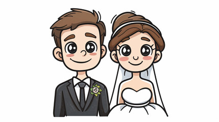 pixel cartoon groom and bride with big eyes on an isolated white background