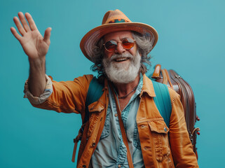 Happy bearded grandfather traveler with suitcase and backpack waving hand on blue background.