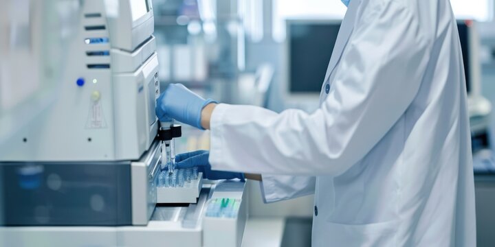 A lab technician in a white coat carefully placing a DNA sample into a sequencing machine