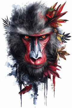Double exposure Realistic Mandrill with jungle foliage