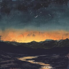 Fototapeta premium A crescent moon and stars illuminate the night sky above a silhouette of distant mountains