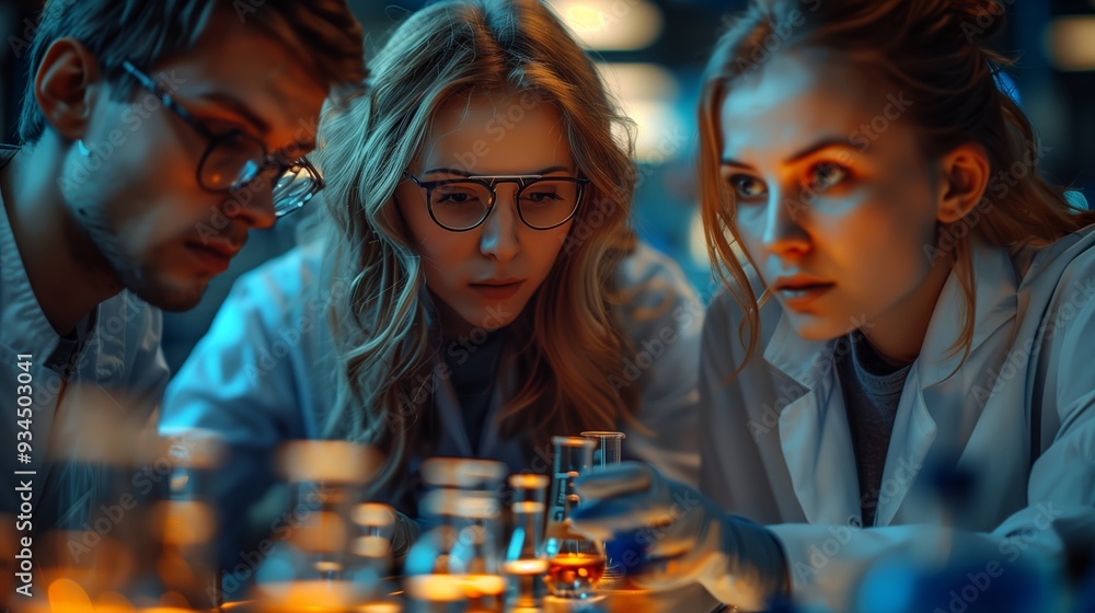 Poster young researchers conducting experiments in a laboratory during evening hours with colorful solution