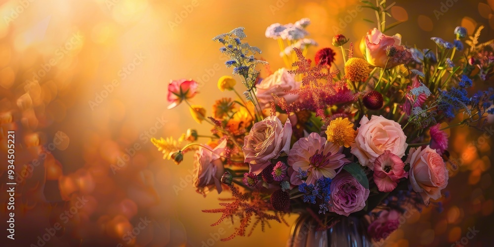 Poster an exquisite display of diverse blooms adorns a vase forming a lively explosion of colors in a gener