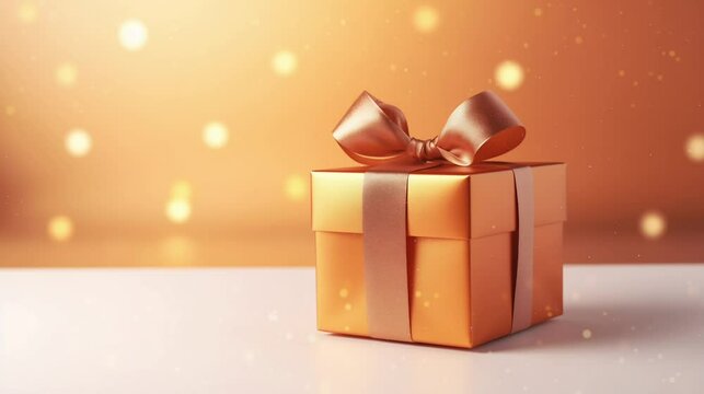 A charming gift box adorned with a satin bow rests on a sleek surface. The warm ambiance, enhanced by glowing lights, creates a delightful atmosphere perfect for celebrations, copy space