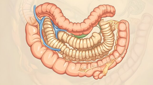 An illustration of the human intestinal system showing the entire digestive tract, highlighting the stomach, small intestine, and large intestine, with labels and a color-coded design to differentiate