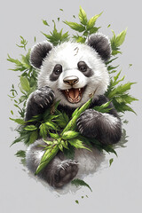 Double exposure Realistic Panda with jungle foliage