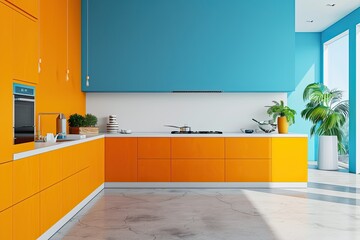 Corner of modern kitchen with white and bright blue walls, concrete floor, bright orange cupboard and comfortable yellow island with built in cooker and sink. 3d rendering