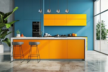 Corner of modern kitchen with white and bright blue walls, concrete floor, bright orange cupboard and comfortable yellow island with built in cooker and sink. 3d rendering 