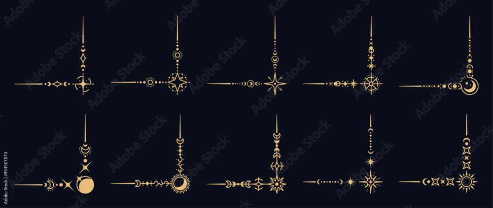 Poster magic celestial border corners. vector set of boho style frames, elegant space decoration with a uni