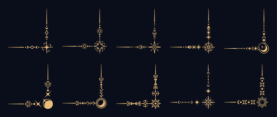 Magic celestial border corners. Vector set of Boho style frames, elegant space decoration with a unique stellar embellishments. Decorative golden angles with stars, moons, suns and cosmic patterns © Vector Tradition