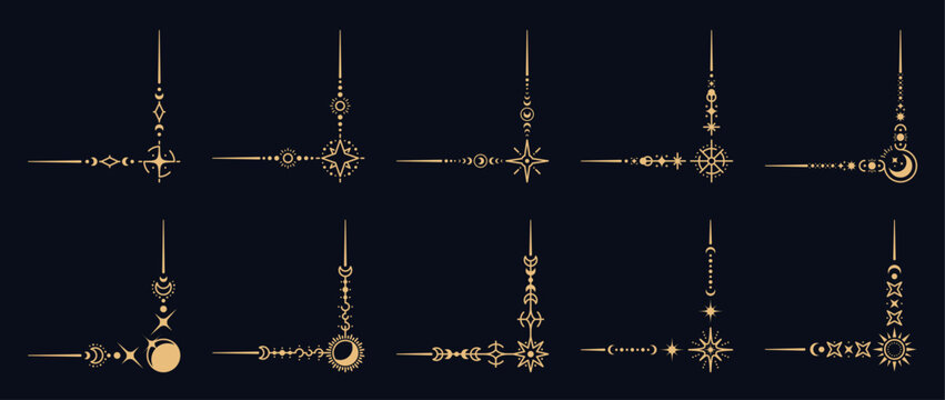 Magic celestial border corners. Vector set of Boho style frames, elegant space decoration with a unique stellar embellishments. Decorative golden angles with stars, moons, suns and cosmic patterns