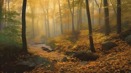 A serene forest landscape at dawn, where the soft morning light touches every leaf and branch, creating a tapestry of colors from gold to green. The trees are tall and majestic, their leaves