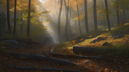 A serene forest landscape at dawn, where the soft morning light touches every leaf and branch, creating a tapestry of colors from gold to green. The trees are tall and majestic, their leaves