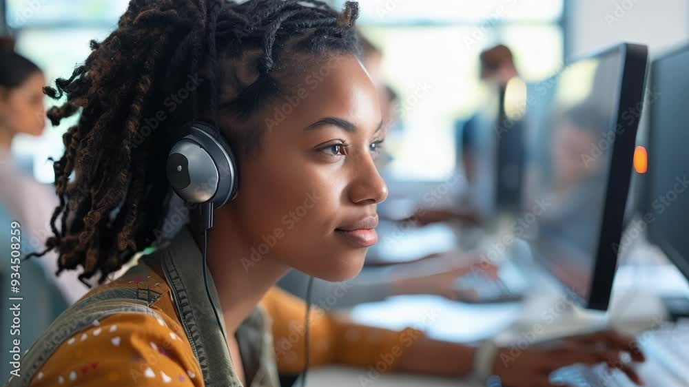 Poster software developer wearing headphones is concentrating on a problem while working on innovative prod