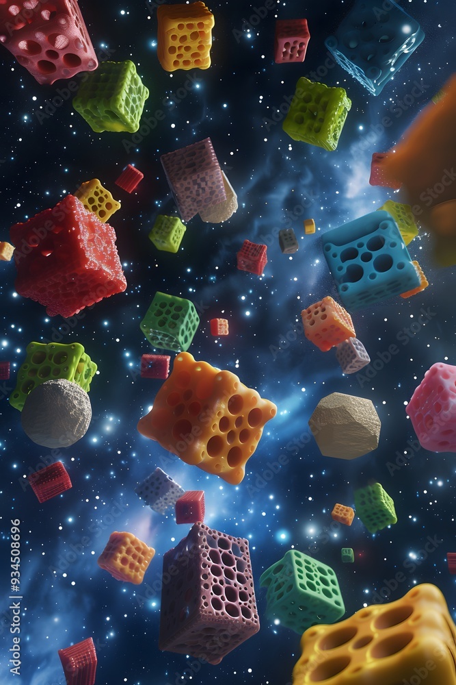 Poster an array of floating 3d objects in a starry sky ai generated illustration