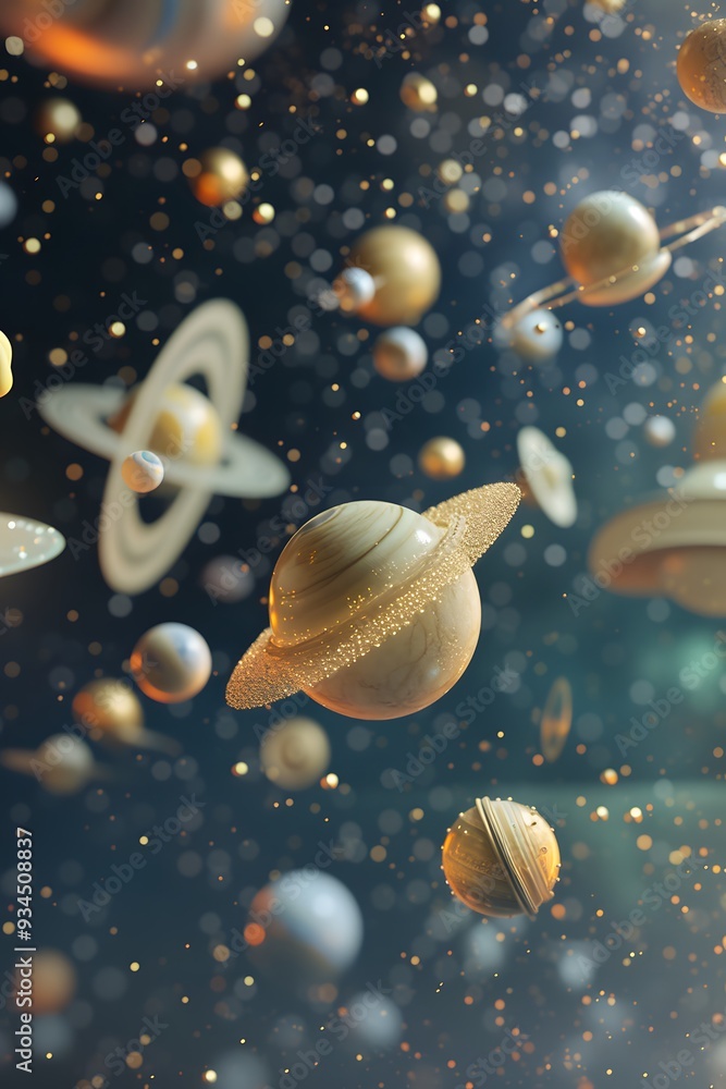 Poster an array of floating 3d objects in a starry sky ai generated illustration