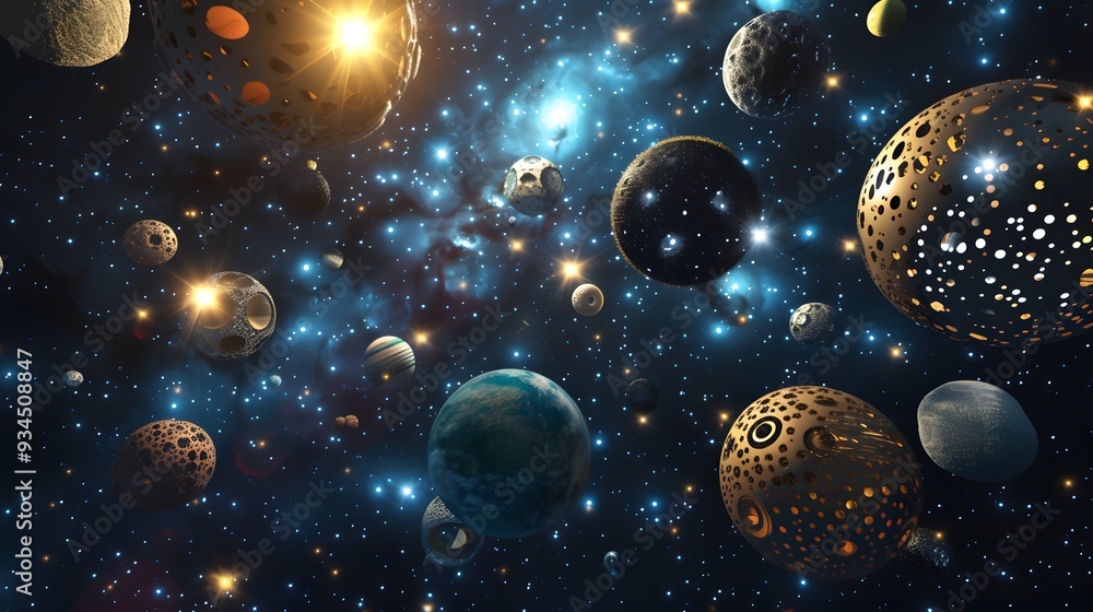 Poster an array of floating 3d objects in a starry sky ai generated illustration
