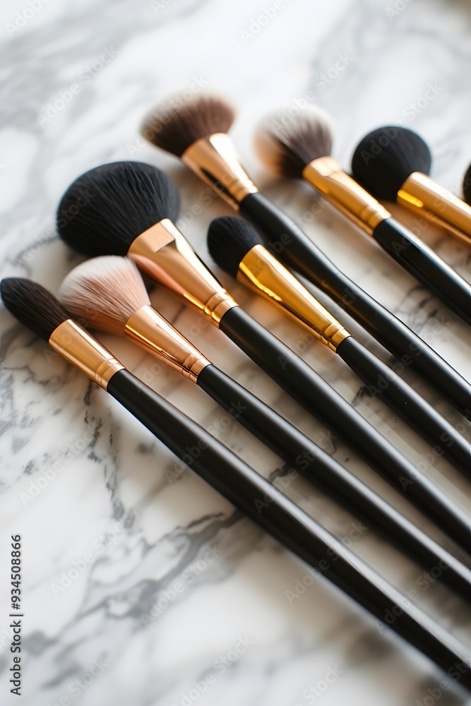 Aufkleber an array of minimalistic makeup brushes on a white marble background ai generated illustration
