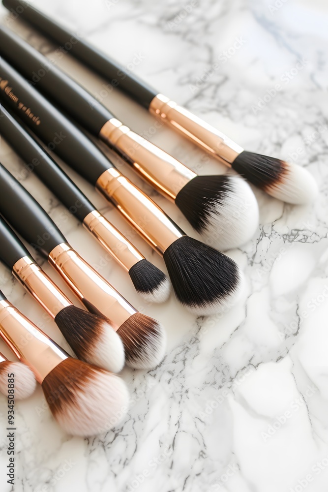 Poster an array of minimalistic makeup brushes on a white marble background ai generated illustration