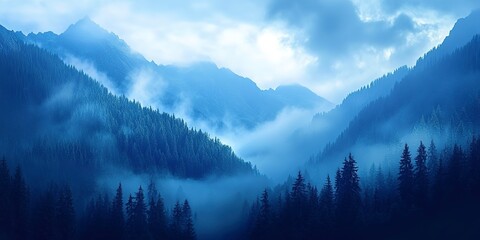 Beautiful blue mountain landscape with fog and forest, Beautiful dark blue mountain landscape with fog and forest, Beautiful dark blue mountain landscape with fog and forest 