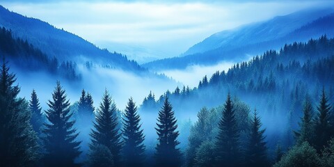 Obraz premium Beautiful blue mountain landscape with fog and forest, Beautiful dark blue mountain landscape with fog and forest, Beautiful dark blue mountain landscape with fog and forest 
